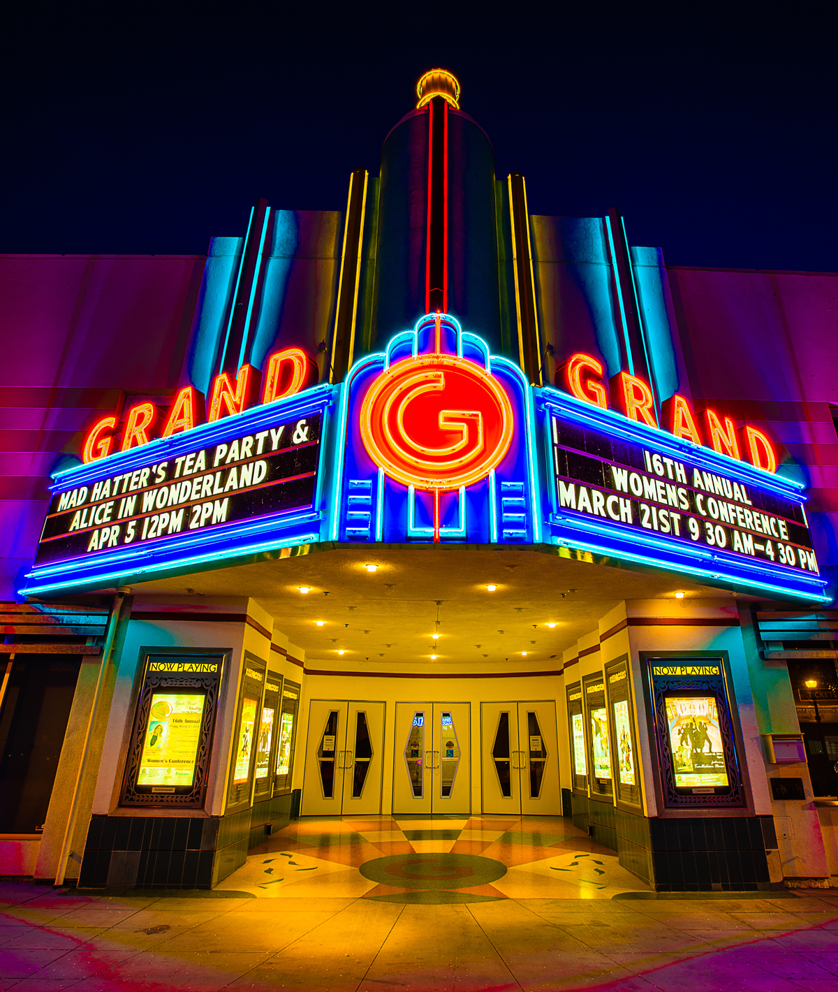 View of the front of Grand Theatre all lit up at night