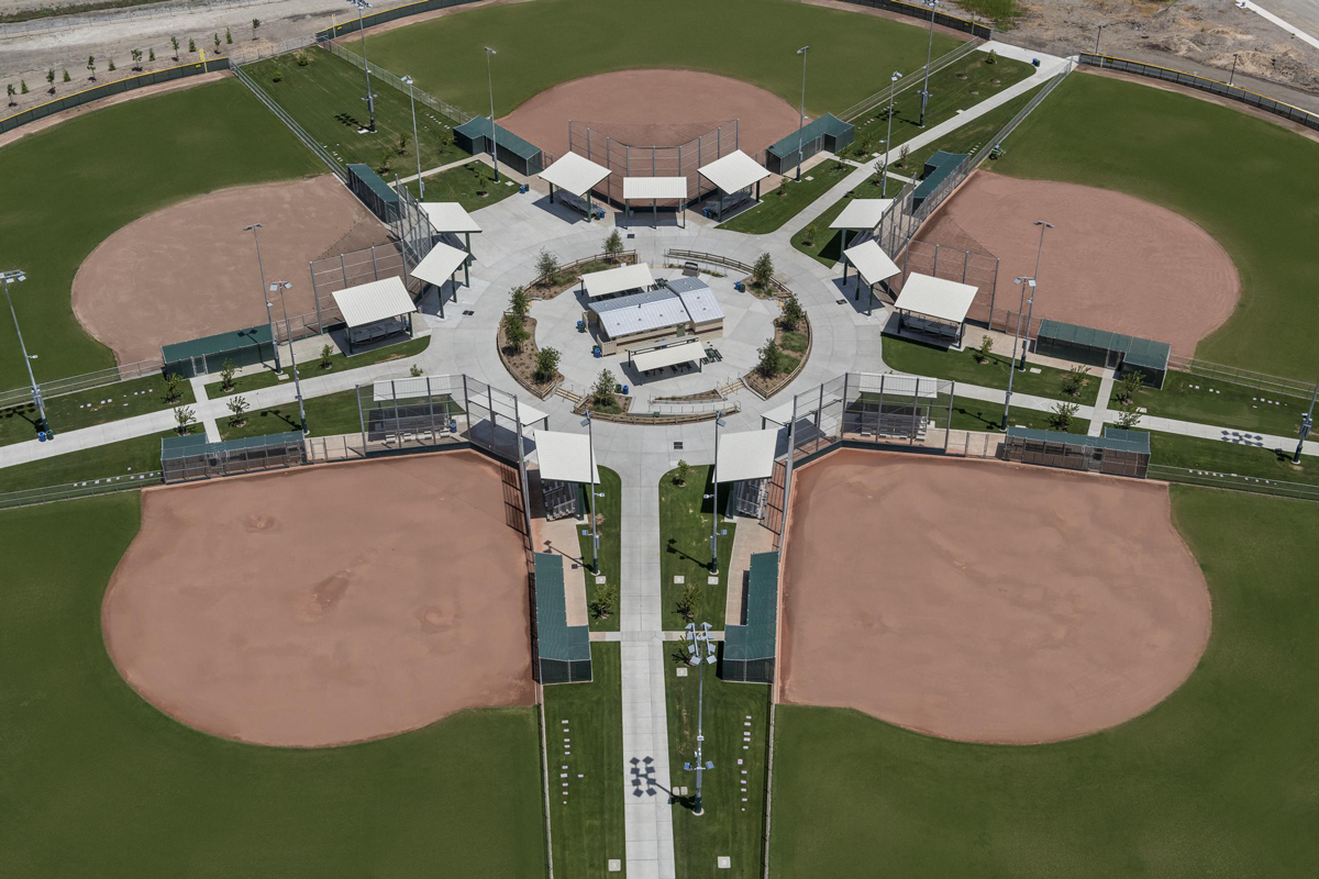 Aerial view of the baseball diamonds at Legacy Fields