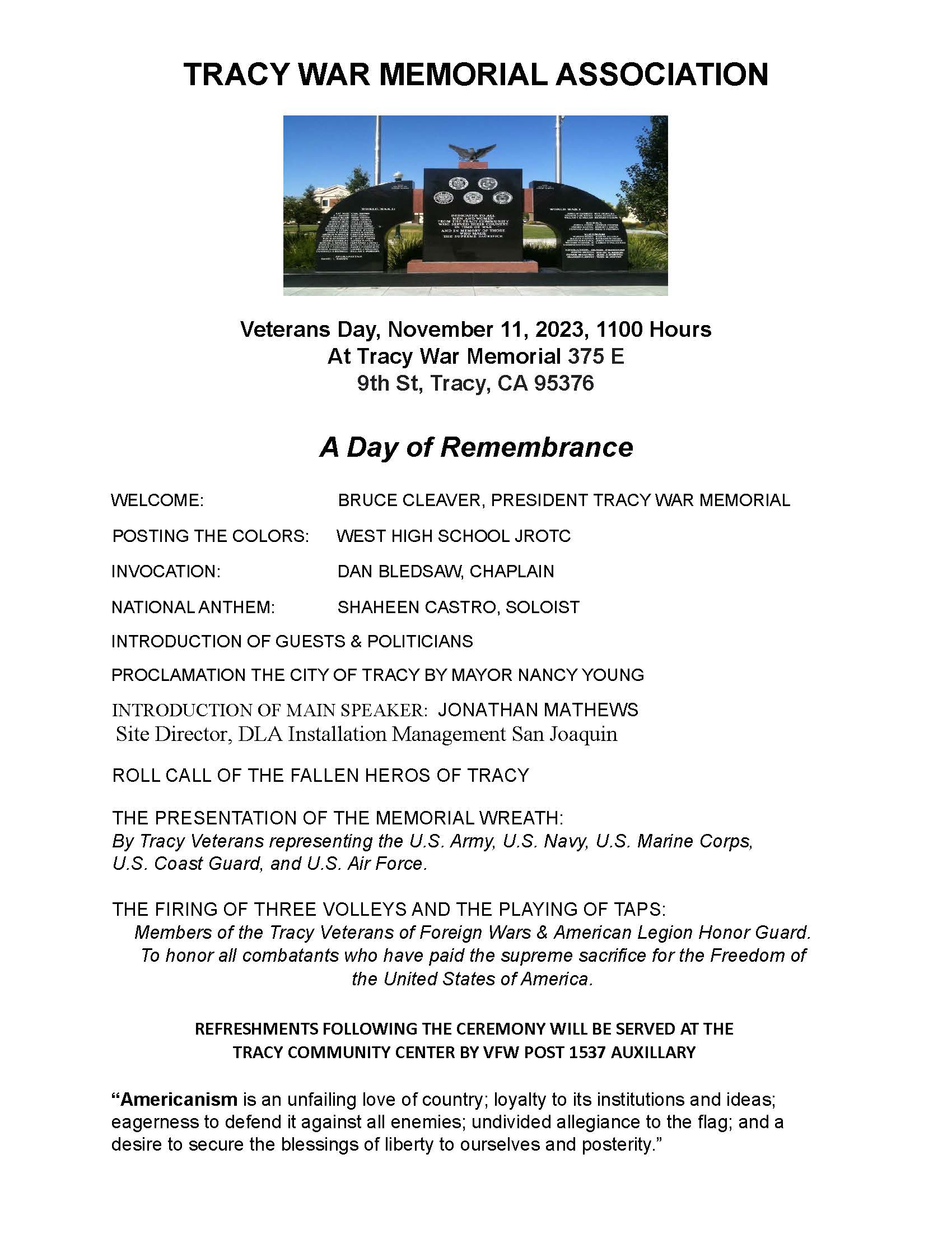 20223 Veterans Day TRACY WAR MEMORIAL ASSO