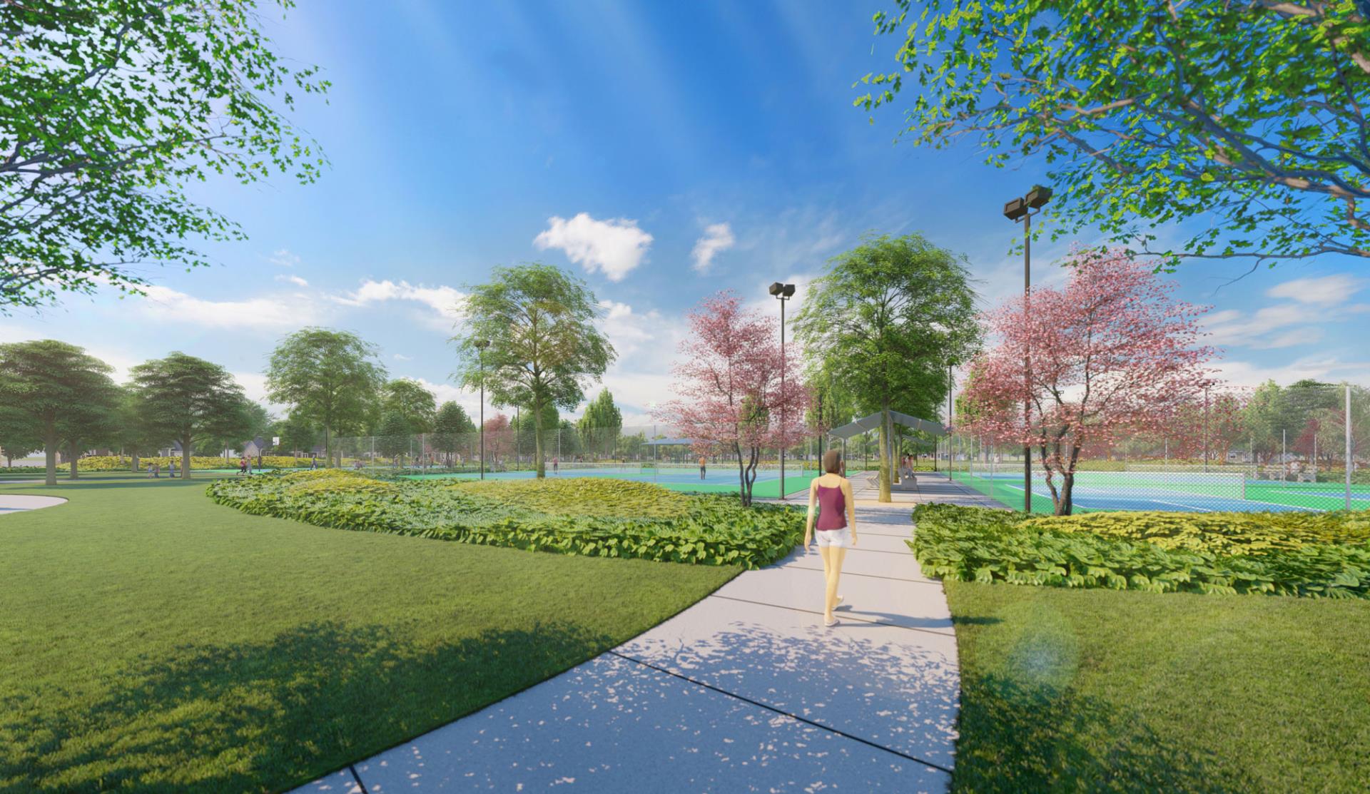 Generated image of woman walking up to tennis courts