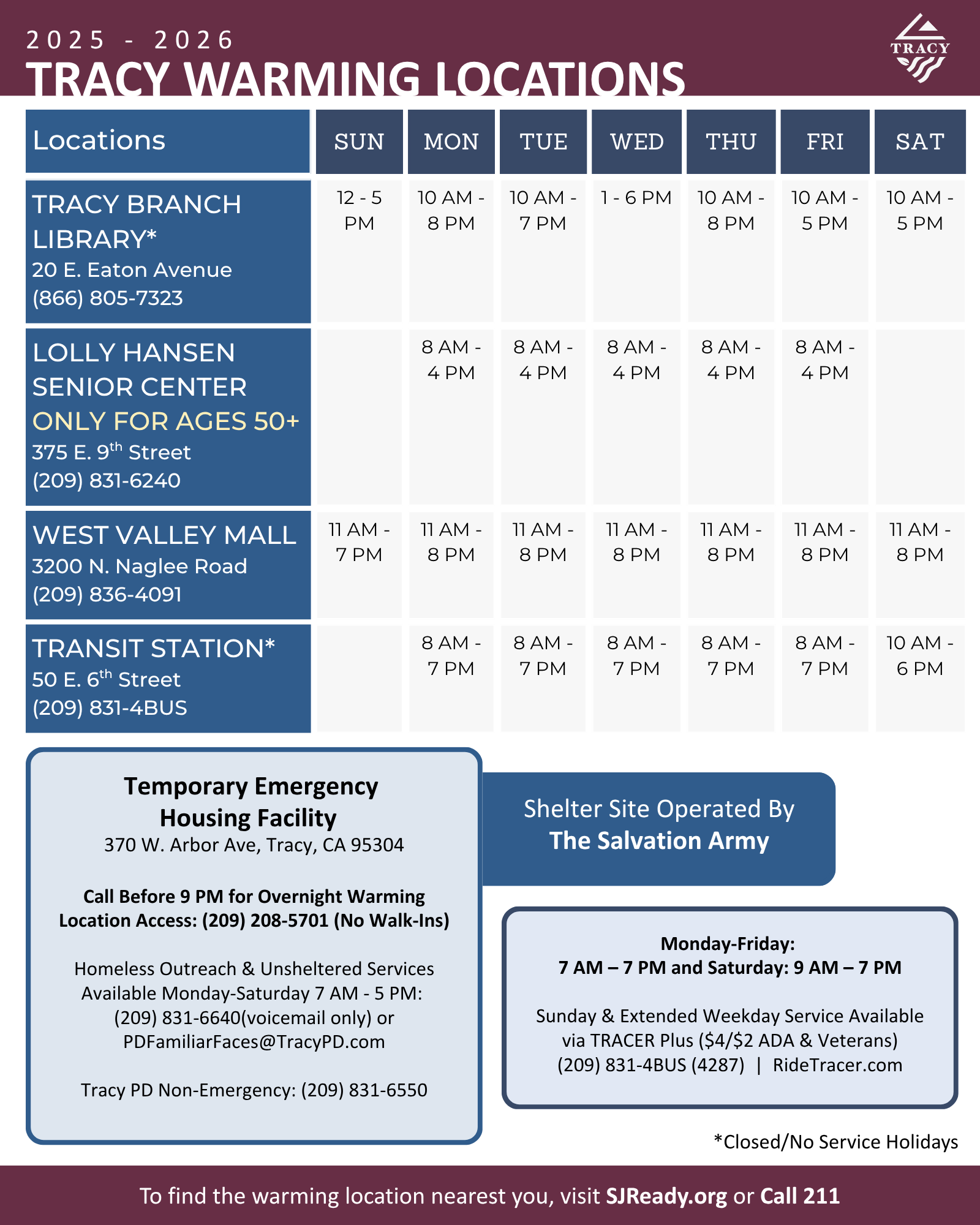 Tracy warming locations calendar