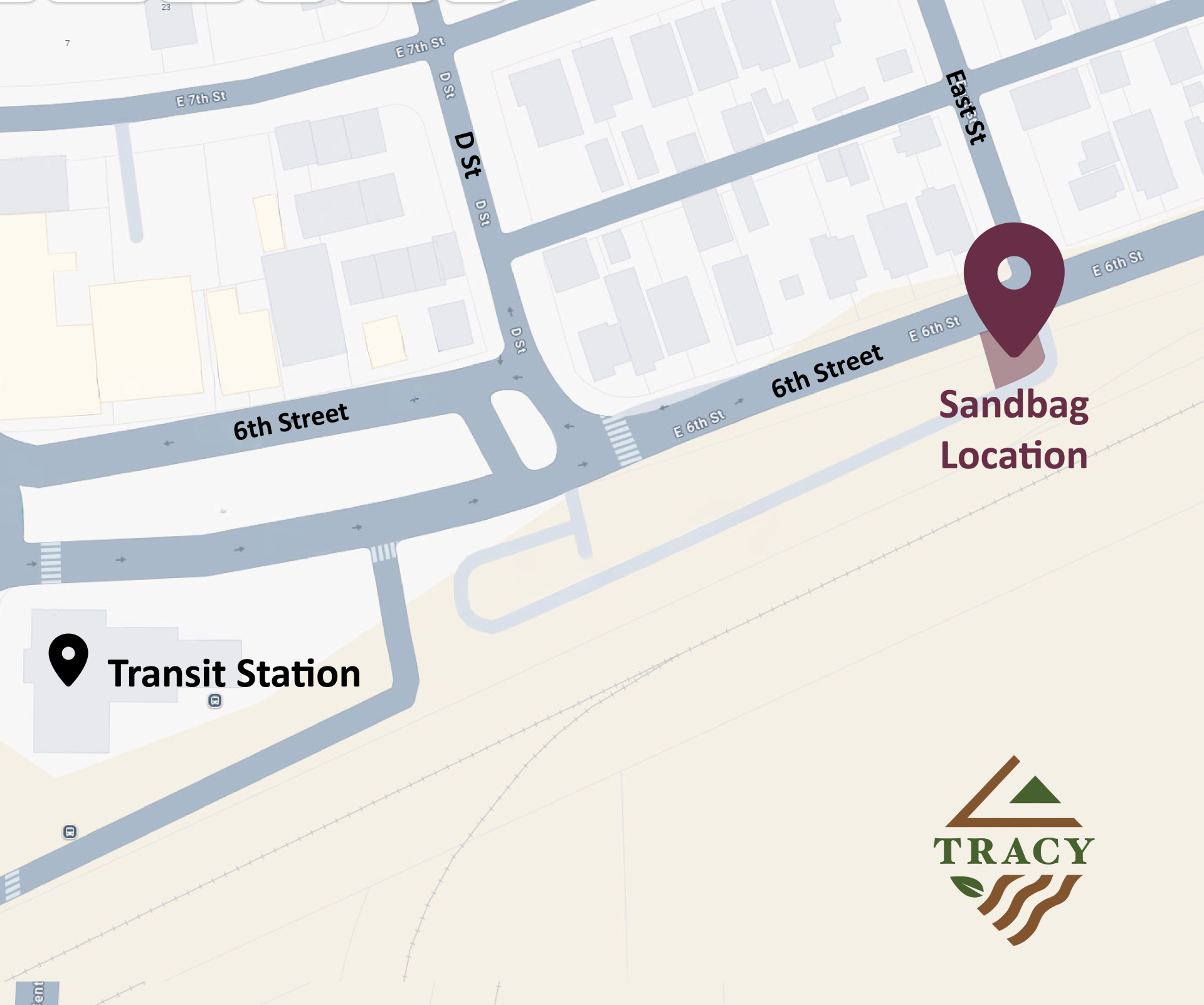 Map showing pin on transit station parking lot for sandbag location